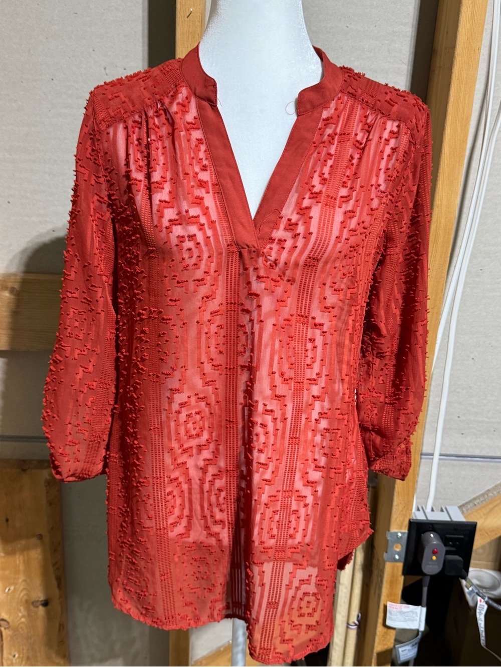 Cato Rust Sheer Textured V-Neck Tunic